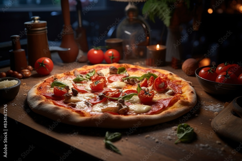pizza with salami and mushrooms, generative ai pizza with salami and mushrooms, generative ai