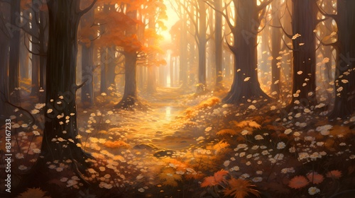 Autumn forest with fog and fallen leaves. Panoramic image