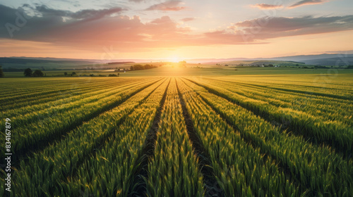 Vibrant sky and sun setting behind scenic wheat fields