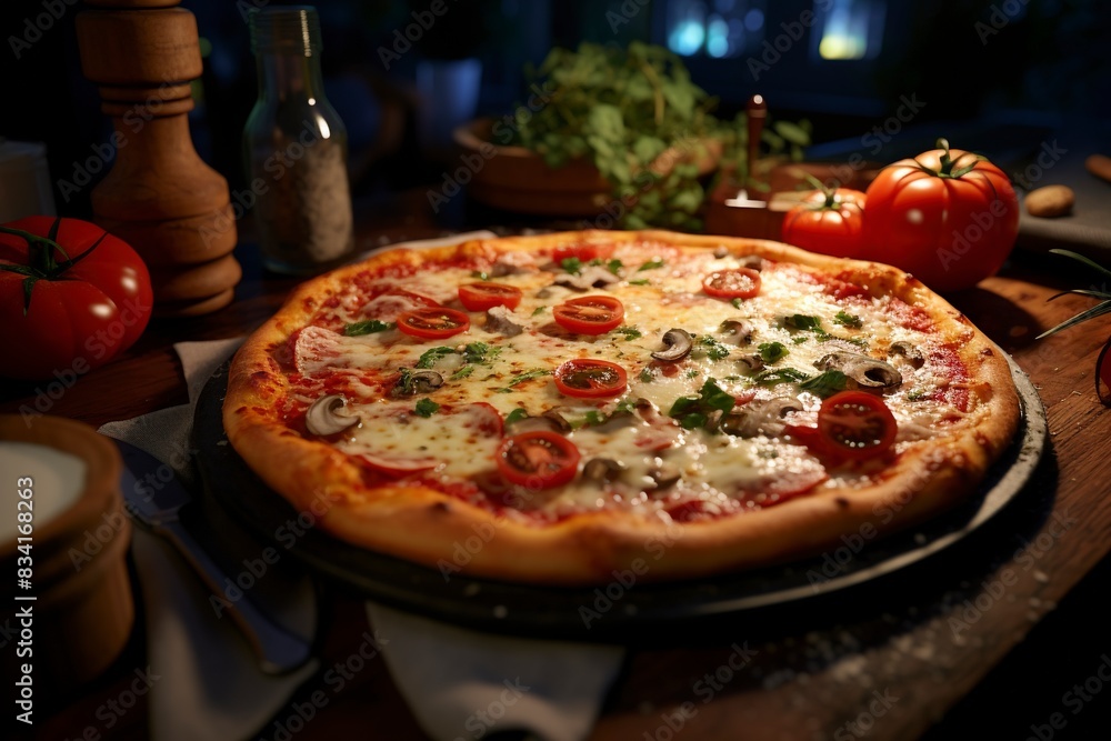 pizza with salami and mushrooms, generative ai pizza with salami and mushrooms, generative ai