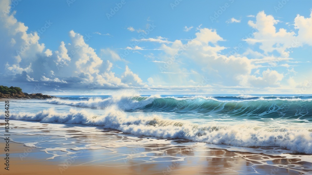 A hyperreal beach scene where the ocean is made of clouds and the sky is a sea of wate 