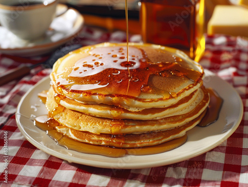A plate of pancakes covered in syrup on a table. Simple westerner breakfast.  photo