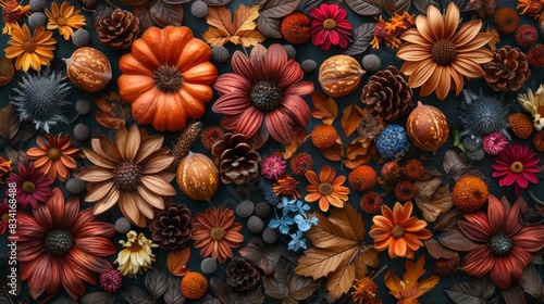 fall harvest display, beautiful blend of chestnuts, dried flowers, and gourds in an autumnal collage, perfect for evoking a cozy fall vibe on banners or posters photo