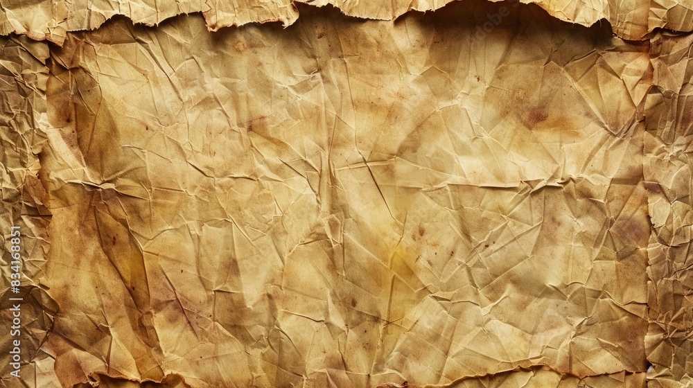 Fototapeta premium Close-up of aged parchment paper with frayed edges and a warm sepia tone, ideal for a vintage document background