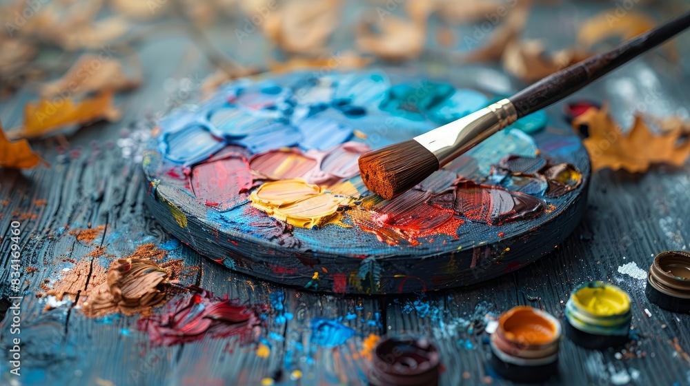 Palette with oil paints and gouache set. Clean painter workplace ready for drawing. Palette with oil paints and gouache set. Clean painter workplace ready for drawing.