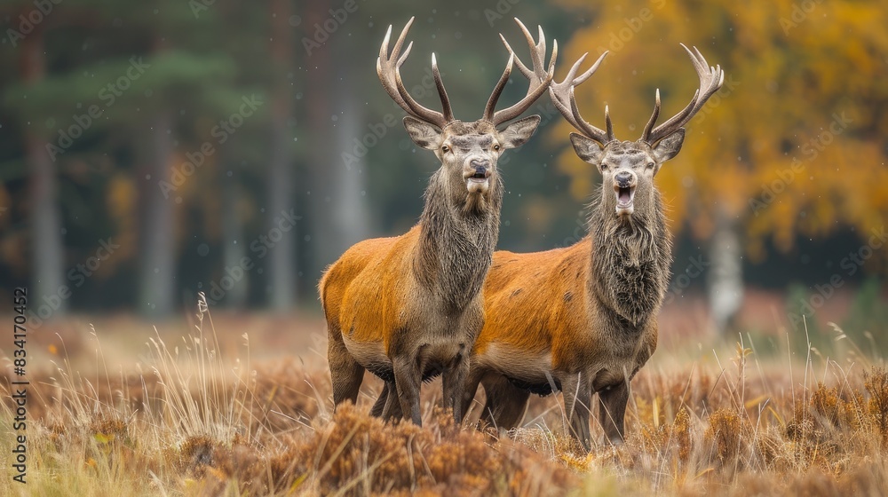 Obraz premium Red Deer. Deer males are characterized by their loud trumpeting during heat. 