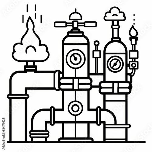 Black and white drawing of an industrial valve and pipe system, featuring detailed components like valves, pipes, and gauges.