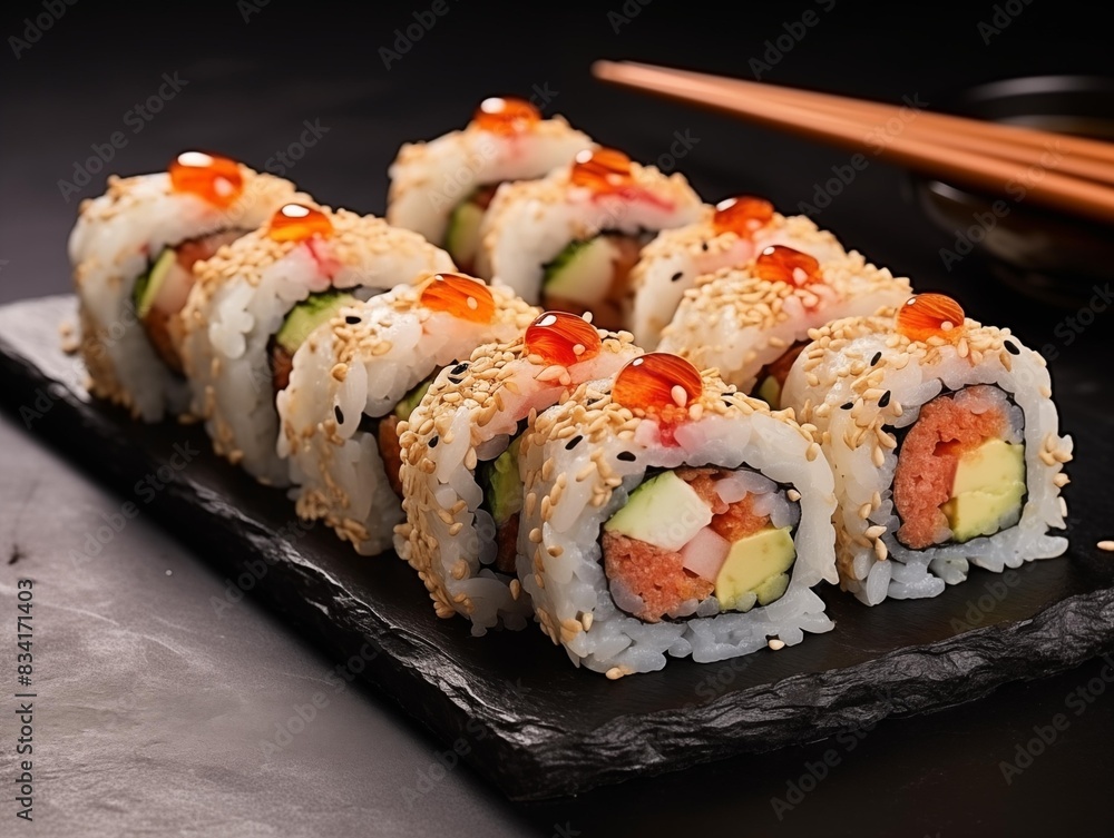 Sushi Rolls Prepared on Slate at a Japanese Restaurant Sushi Rolls Prepared on Slate at a Japanese Restaurant