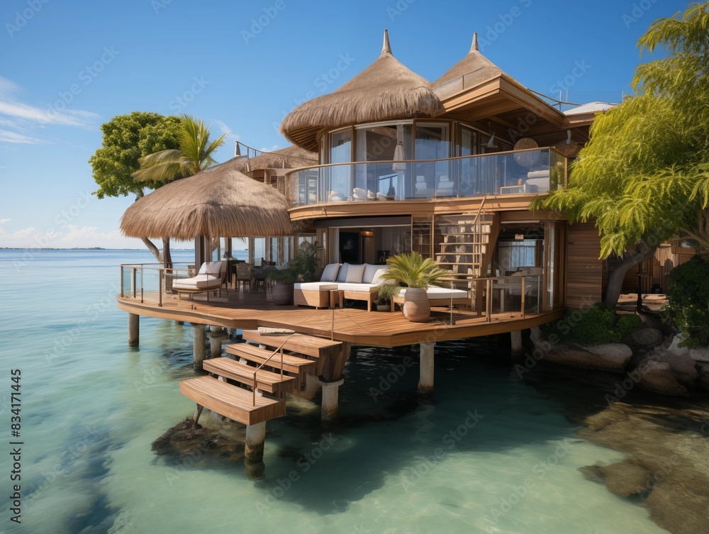 Fototapeta premium Tourists enjoy a sunny day at a tropical overwater bungalow