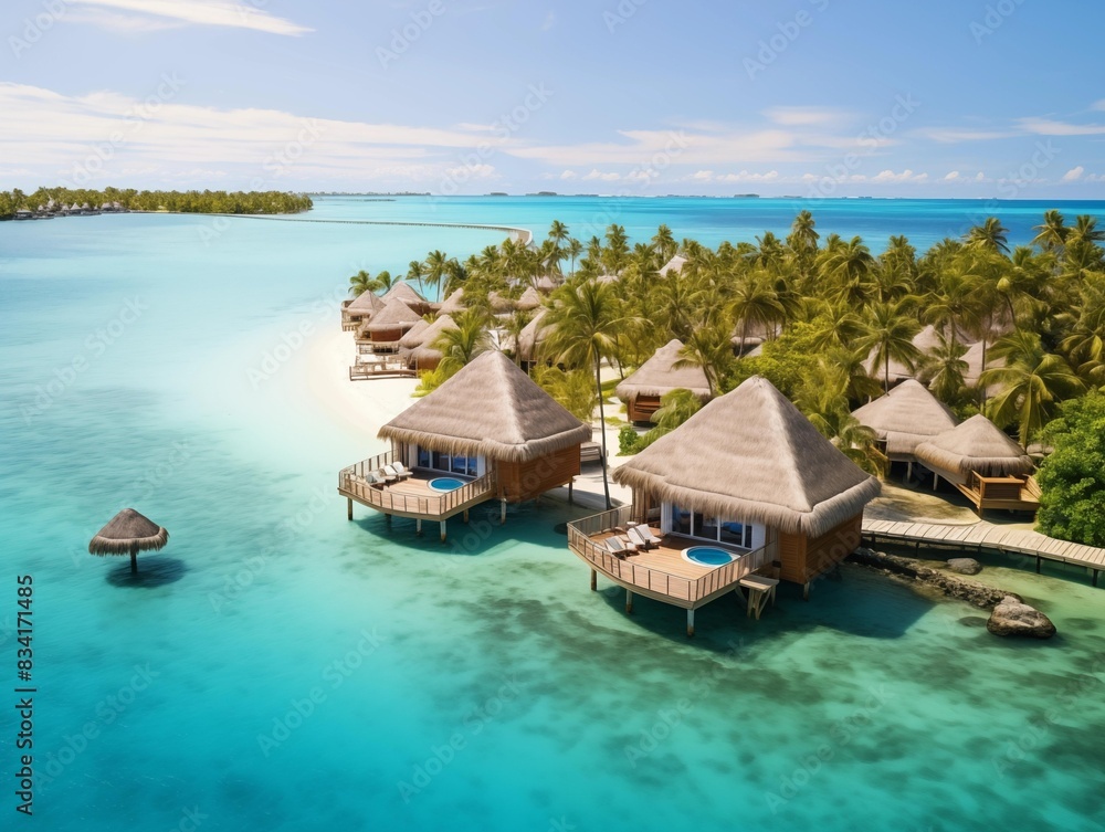 Obraz premium Tourists enjoy luxury overwater bungalows on a sunny day in the Maldives.