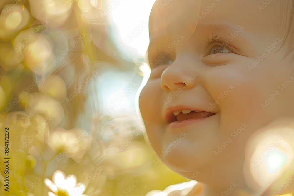 Fototapeta premium A baby smiles, holding a flower in a field, showing happiness in nature