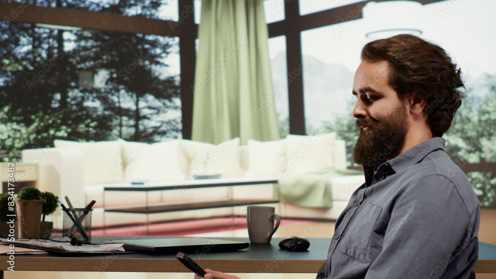 Successful billionaire sitting at his desk in luxury forest villa, relaxed rich person investing money in business. Wealthy person living in a modern cabin in the mountains, browses internet. Successful billionaire sitting at his desk in luxury forest villa, relaxed rich person investing money in business. Wealthy person living in a modern cabin in the mountains, browses internet.