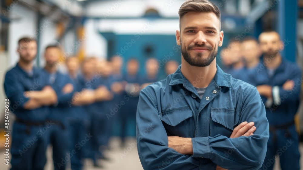 Obraz premium A group of men in blue uniforms are posing for a photo, profession engineer