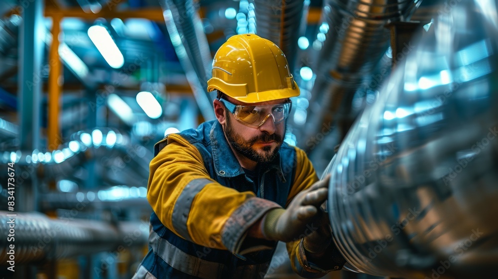 A man in a yellow jacket and a hard hat is working on a pipe, profession engineer A man in a yellow jacket and a hard hat is working on a pipe, profession engineer