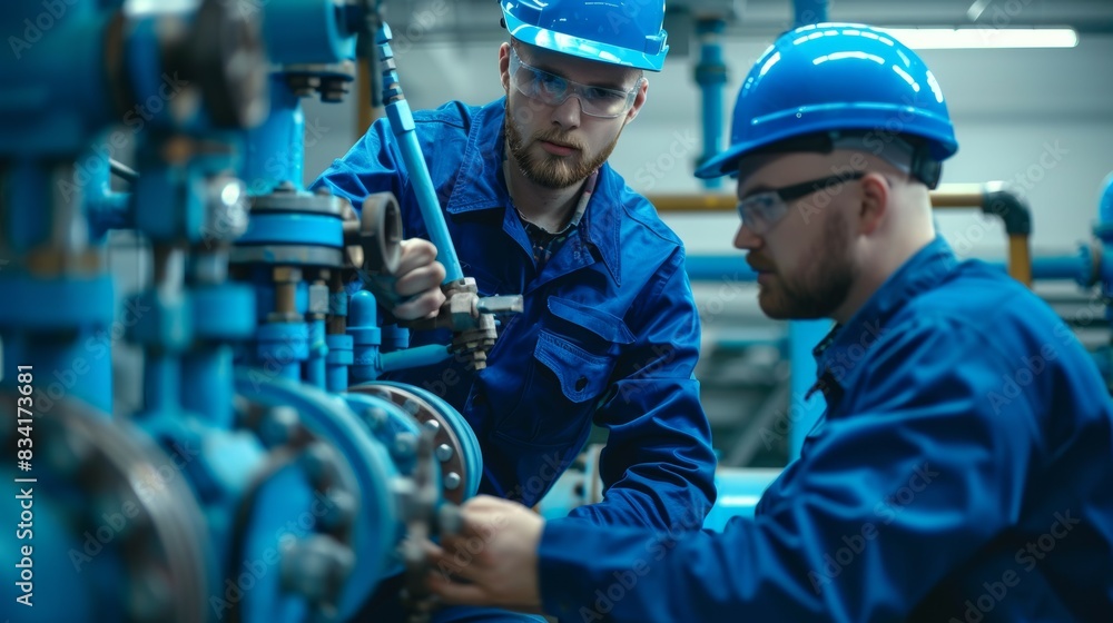 Two men in blue work clothes are fixing a pipe, profession engineer Two men in blue work clothes are fixing a pipe, profession engineer