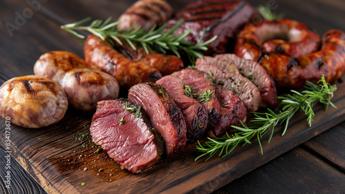 A variety of succulent grilled meats and sausages, garnished with fresh rosemary, arranged elegantly on a rustic wooden serving board - Generative AI