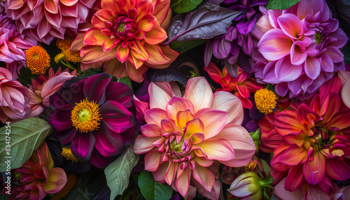 Flowers background with amazing red  orange  pink  purple   flowers for Wedding decoration  top view. Beautiful flower wall background