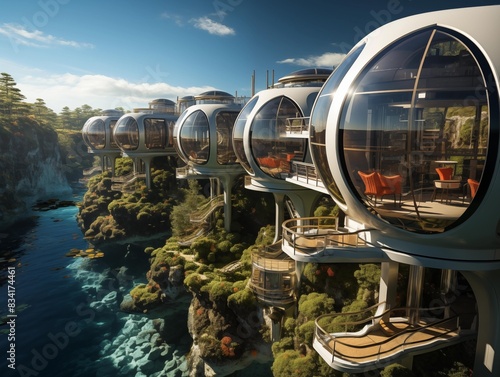 Visitors Enjoy a Sunny Afternoon at a Cliffside Futuristic Resort