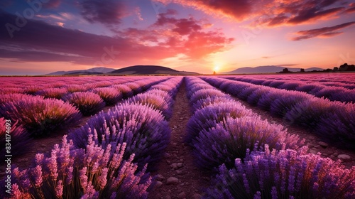 A lavender field in Provence with rows of purple blooms stretching to the horizo 