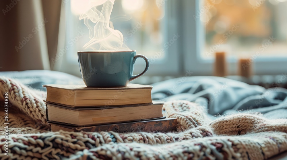 Stack of hardcover books with a steaming cup of coffee on top, creating a cozy reading nook atmosphere Stack of hardcover books with a steaming cup of coffee on top, creating a cozy reading nook atmosphere