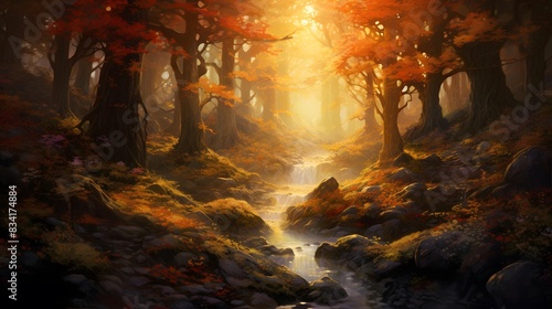 Autumn forest in a foggy day. Panoramic image.