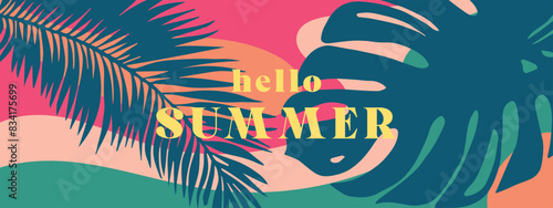 Summer horizontal background with bright tropical leaves.