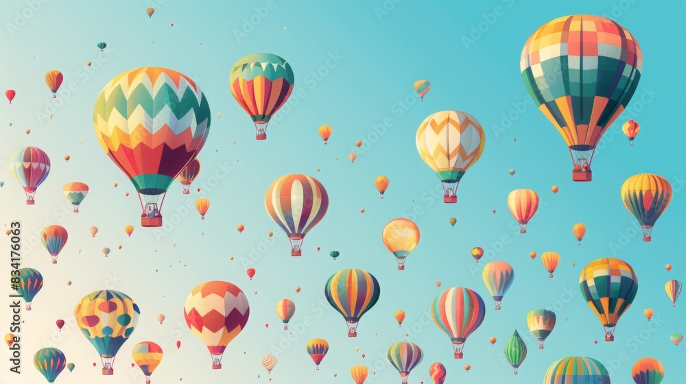 An imaginative illustration of a hot air balloon festival, with colorful balloons in various shapes and sizes floating against a clear sky, evoking a sense of wonder and joy