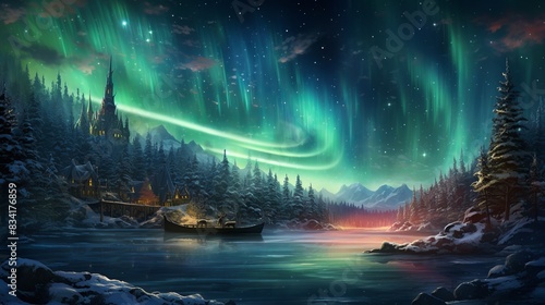 A magical Christmas night sky, with the Northern Lights dancing overhead and a sleigh 