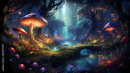 A magical forest with glowing mushrooms, fairies, and a sparkling river, creating a fantasy world 