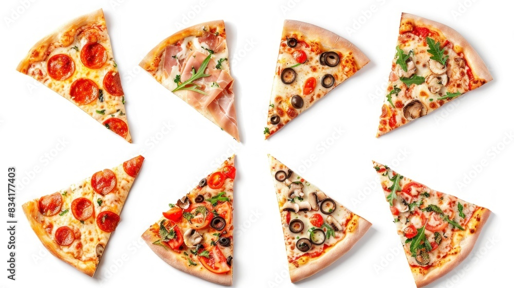 pieces of pizza of different flavors on white background pieces of pizza of different flavors on white background