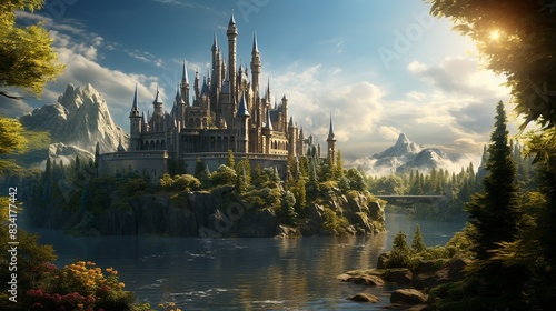 A majestic castle on a hill  surrounded by lush forests and a serene lake 