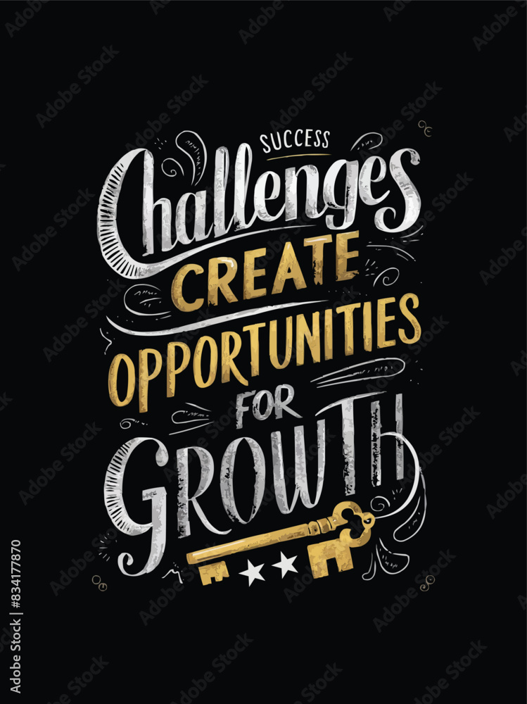 Fototapeta premium Chalkboard illustration with intricate typography and a golden key emphasizes the motivational quote with a solid background