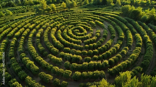 Seemingly endless rows of herbs spiral around and around creating a mesmerizing and productive labyrinth.