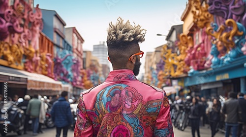 A man with a bold shaved design hairstyle, making a statement as he walks through a trendy street a 