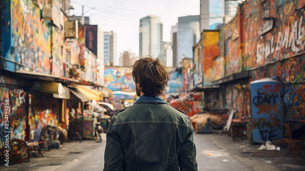 A man with a modern textured crop hairstyle, casually strolling through an artsy neighborhood filled with graffiti. 