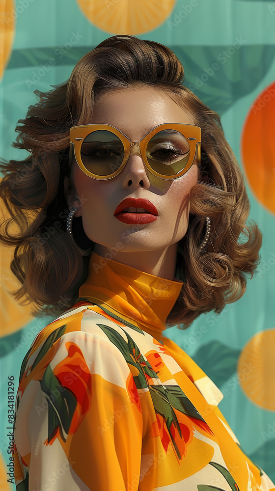 Obraz premium Retro style pastel colors summer background. Fashion woman wearing big sunglasses.