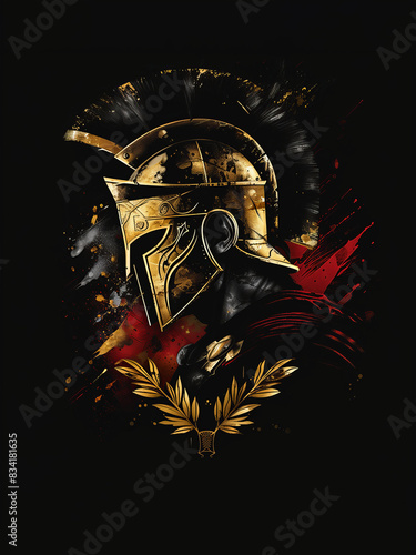 Spartan warrior in golden helmet: Illustration of an ancient warrior with intricate armor and laurel wreath on black background with copy space for text. Perfect for historical and mythological themes photo