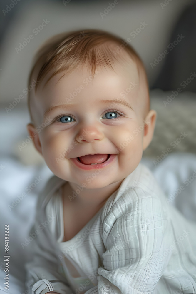A content infant is grinning as they lay on a comfortable bed A content infant is grinning as they lay on a comfortable bed
