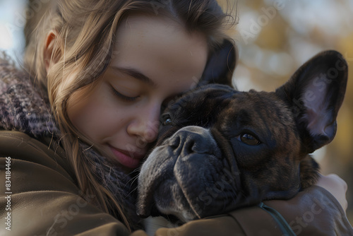 Young girl lovingly embraces her French Bulldog, sharing love and happiness under the open sky.