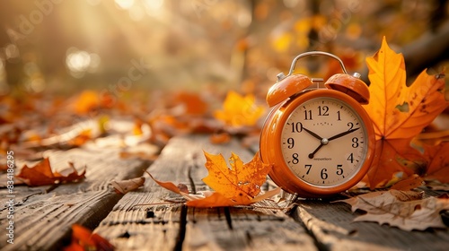 Alarm clock and orange color leaves on wooden table. Classic Alarm Clock Nestled Among Vibrant Orange Foliage, Reminding Us of Daylight Saving Time's Shift and Nature's Embrace of Fall photo