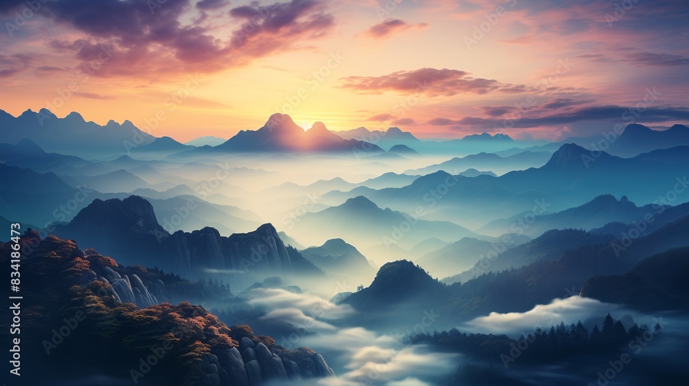 A misty mountain range with layers of fog and sunrise colors  