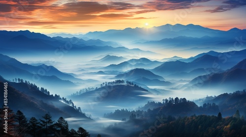 A misty mountain range with layers of fog and sunrise colors  
