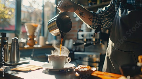 A barista pouring freshly brewed coffee into a cup at a cozy cafe  with morning sunlight filtering in.