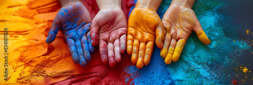 four hands upside down, painted in different colors, on a multicolored background
