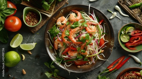 A beautifully presented som tam talay ruam with a mix of seafood and fresh  vibrant vegetables.