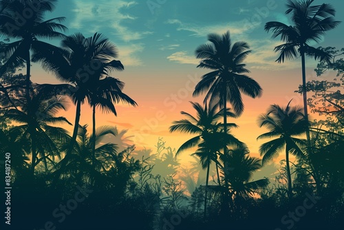 Tropical Island Palms Silhouette Sky Background
