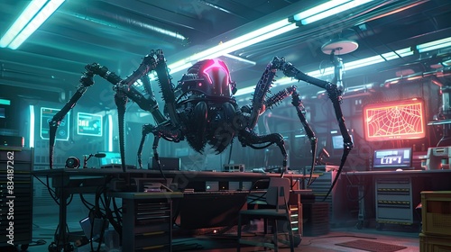 A biomechanical spider creating a glowing web in a neon-lit tech workshop.