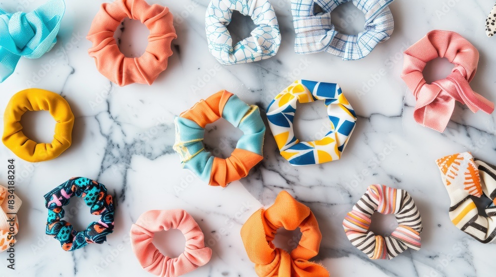A collection of hair ties with fun patterns, laid out in a flat lay style on a marble surface. A collection of hair ties with fun patterns, laid out in a flat lay style on a marble surface.