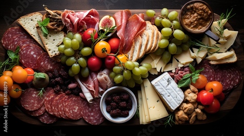 A mouthwatering charcuterie board with an assortment of cured meats, cheeses, olives, and   photo