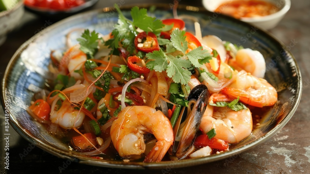 A delicious som tam talay ruam with prawns, squid, and mussels, served with a spicy dressing. A delicious som tam talay ruam with prawns, squid, and mussels, served with a spicy dressing.